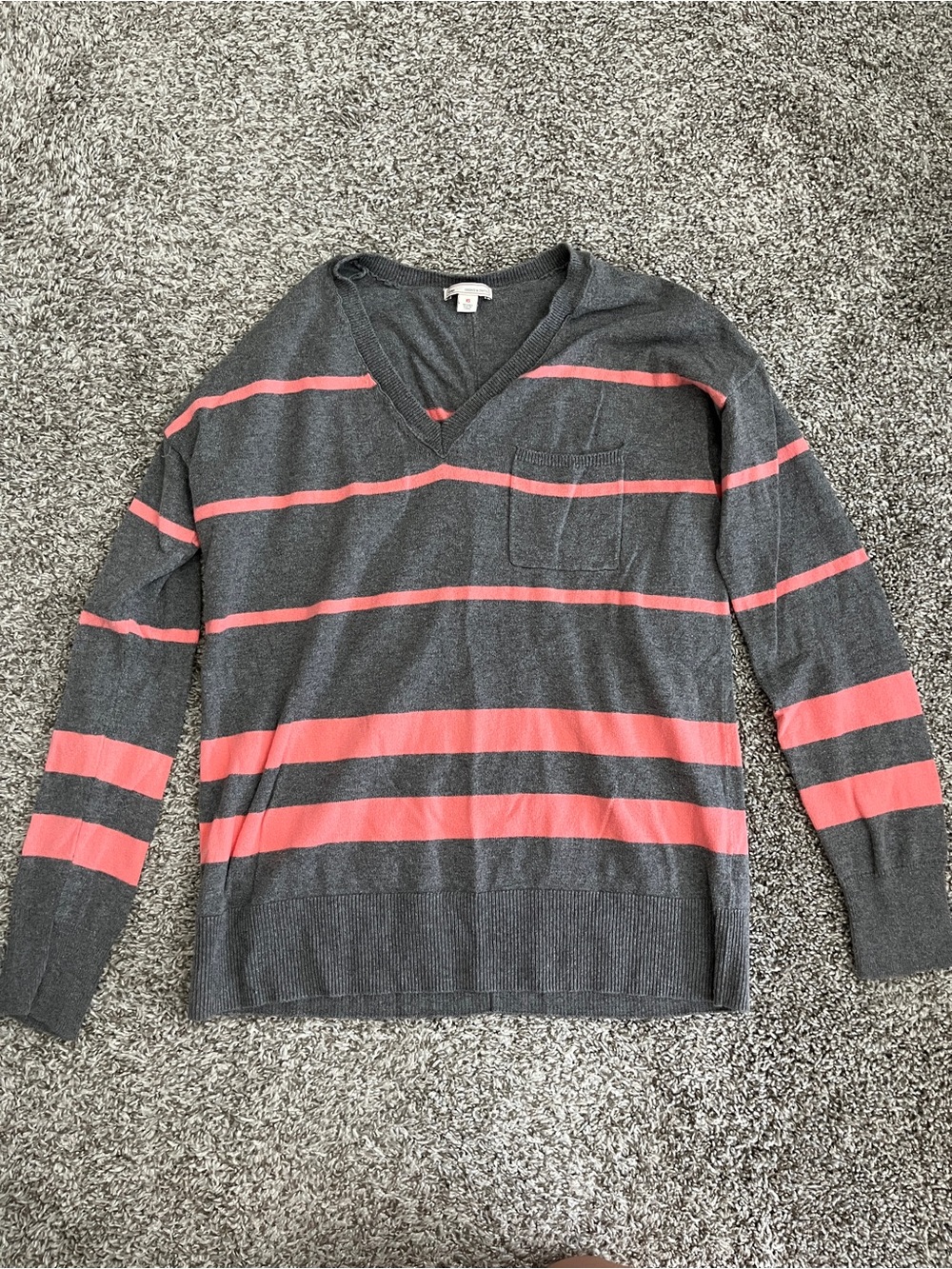 Gap Gray and Coral Striped V-Neck Long Sleeve